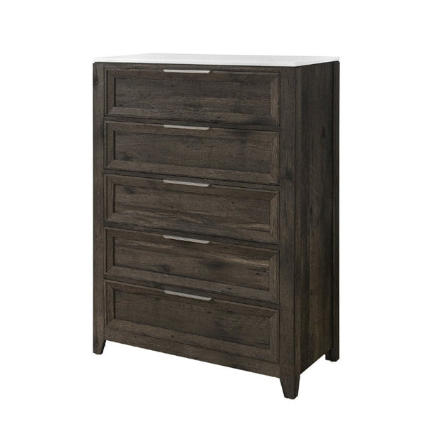 English Elm Melissa Five Drawer Chest with Faux Marble Top and Tapered Legs for Bedroom Dark Brown B201P549780
