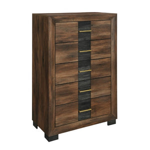 English Elm Prime Five Drawer Chest in Rich Brown Wood with Bar Hardware for Modern Bedroom B201P553929