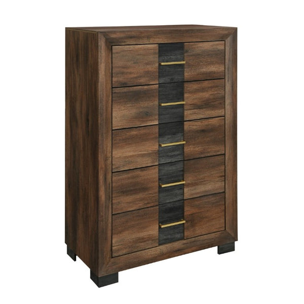 English Elm Prime Five Drawer Chest in Rich Brown Wood with Bar Hardware for Modern Bedroom B201P553929