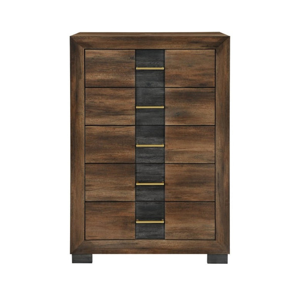 English Elm Prime Five Drawer Chest in Rich Brown Wood with Bar Hardware for Modern Bedroom B201P553929