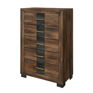 English Elm Prime Five Drawer Chest in Rich Brown Wood with Bar Hardware for Modern Bedroom B201P553929