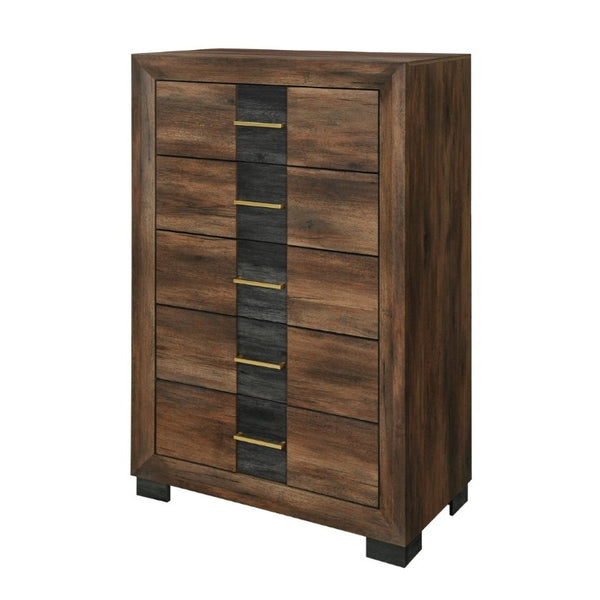 English Elm Prime Five Drawer Chest in Rich Brown Wood with Bar Hardware for Modern Bedroom B201P553929