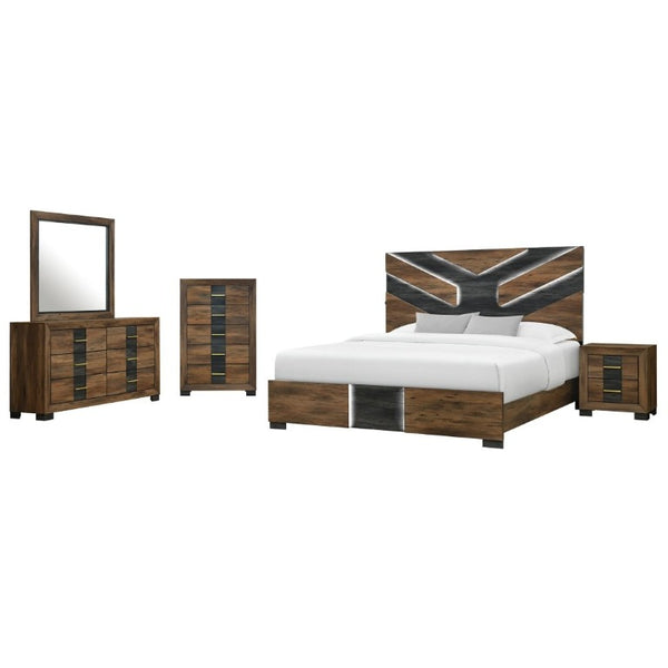 English Elm Prime Five Drawer Chest in Rich Brown Wood with Bar Hardware for Modern Bedroom B201P553929