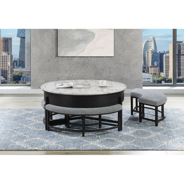 English Elm Rounded Faux Marble Lift Top Coffee Table with Nesting Stools for Modern Living Black B201P555613