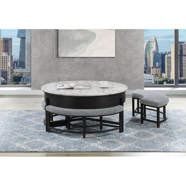 English Elm Rounded Faux Marble Lift Top Coffee Table with Nesting Stools for Modern Living Black B201P555613