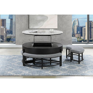 English Elm Rounded Faux Marble Lift Top Coffee Table with Nesting Stools for Modern Living Black B201P555613