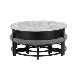 English Elm Rounded Faux Marble Lift Top Coffee Table with Nesting Stools for Modern Living Black B201P555613
