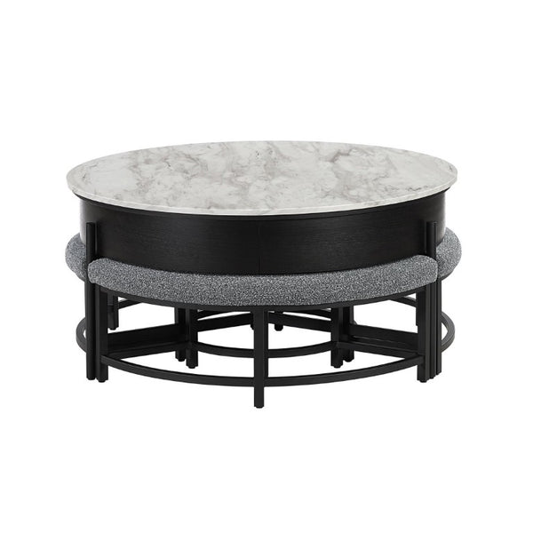 English Elm Rounded Faux Marble Lift Top Coffee Table with Nesting Stools for Modern Living Black B201P555613