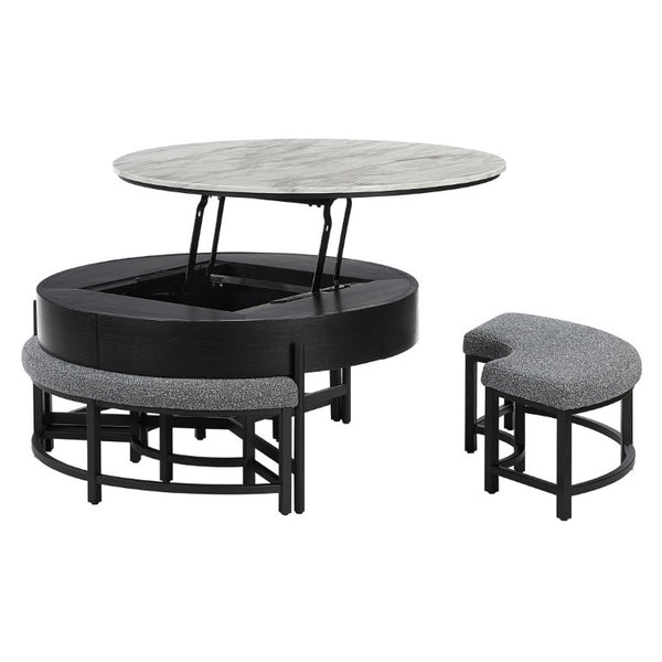 English Elm Rounded Faux Marble Lift Top Coffee Table with Nesting Stools for Modern Living Black B201P555613