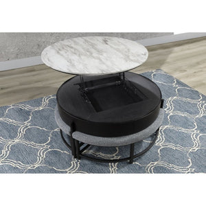 English Elm Rounded Faux Marble Lift Top Coffee Table with Nesting Stools for Modern Living Black B201P555613