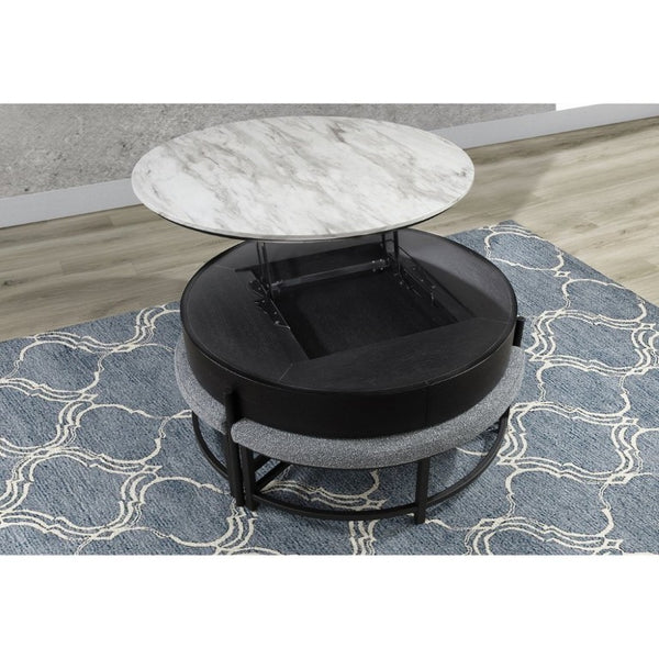 English Elm Rounded Faux Marble Lift Top Coffee Table with Nesting Stools for Modern Living Black B201P555613