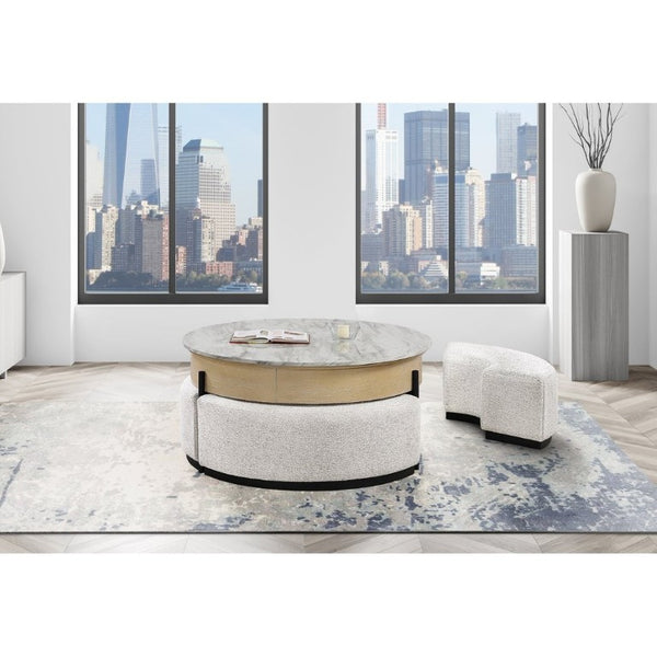English Elm Rounded Faux Marble Lift Top Coffee Table with Nesting Stools for Modern Living Natural B201P555614