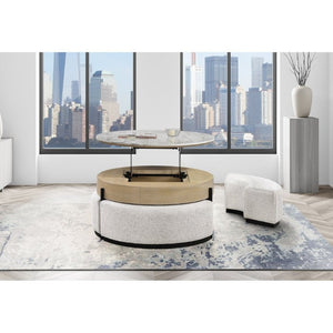 English Elm Rounded Faux Marble Lift Top Coffee Table with Nesting Stools for Modern Living Natural B201P555614