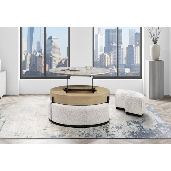 English Elm Rounded Faux Marble Lift Top Coffee Table with Nesting Stools for Modern Living Natural B201P555614