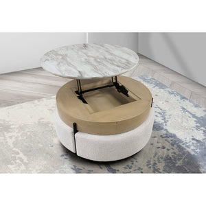 English Elm Rounded Faux Marble Lift Top Coffee Table with Nesting Stools for Modern Living Natural B201P555614