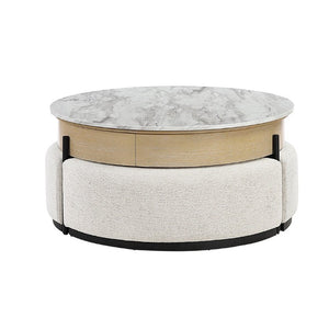 English Elm Rounded Faux Marble Lift Top Coffee Table with Nesting Stools for Modern Living Natural B201P555614