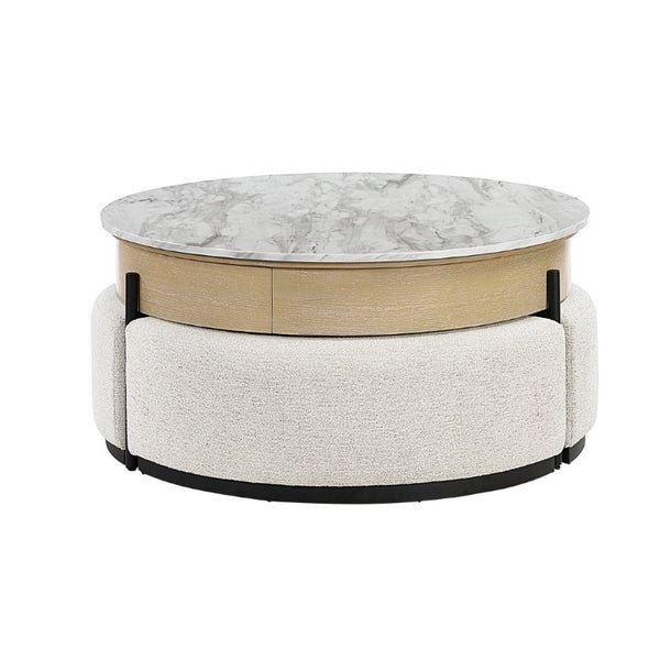English Elm Rounded Faux Marble Lift Top Coffee Table with Nesting Stools for Modern Living Natural B201P555614