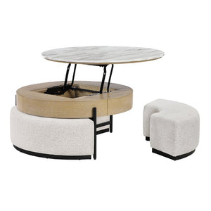 English Elm Rounded Faux Marble Lift Top Coffee Table with Nesting Stools for Modern Living Natural B201P555614