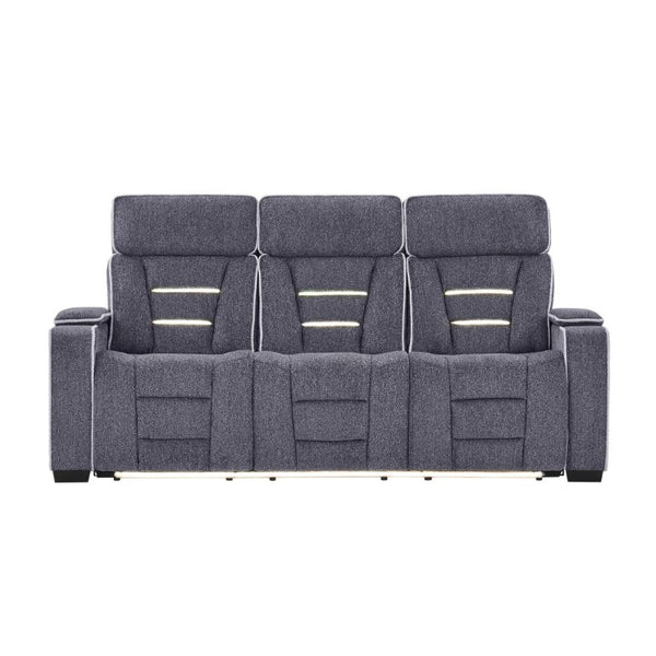 English Elm Austin Power Reclining Sofa with Speakers Storage Arms and Tailored Gray Upholstery B201P555728