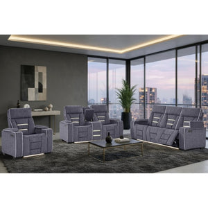 English Elm Austin Power Reclining Sofa with Speakers Storage Arms and Tailored Gray Upholstery B201P555728