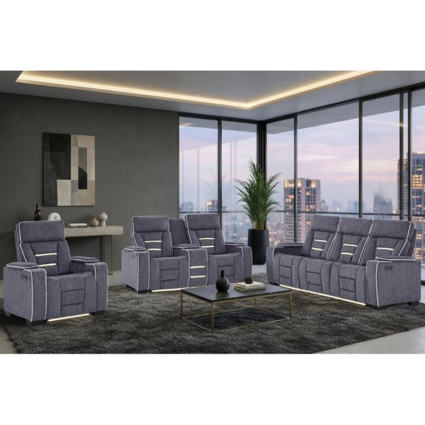 English Elm Austin Power Reclining Sofa with Speakers Storage Arms and Tailored Gray Upholstery B201P555728