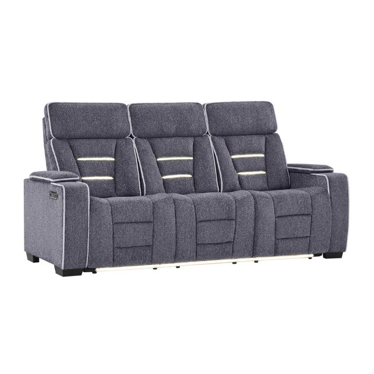 English Elm Austin Power Reclining Sofa with Speakers Storage Arms and Tailored Gray Upholstery B201P555728
