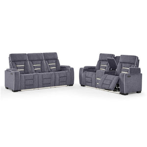 English Elm Austin Power Reclining Sofa with Speakers Storage Arms and Tailored Gray Upholstery B201P555728