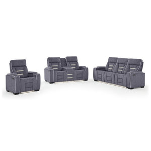 English Elm Austin Power Reclining Sofa with Speakers Storage Arms and Tailored Gray Upholstery B201P555728