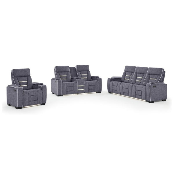 English Elm Austin Power Reclining Sofa with Speakers Storage Arms and Tailored Gray Upholstery B201P555728