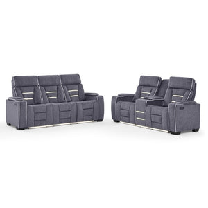 English Elm Austin Power Reclining Sofa with Speakers Storage Arms and Tailored Gray Upholstery B201P555728