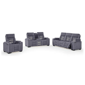 English Elm Austin Power Reclining Sofa with Speakers Storage Arms and Tailored Gray Upholstery B201P555728