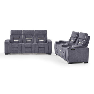 English Elm Austin Power Reclining Sofa with Speakers Storage Arms and Tailored Gray Upholstery B201P555728