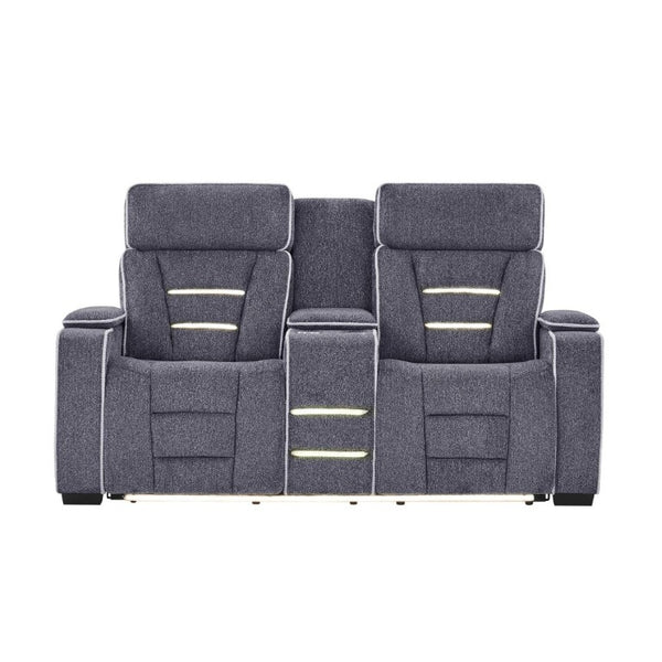 English Elm Austin Power Reclining Loveseat with Speaker System and Welt Stitched Gray Fabric B201P555729