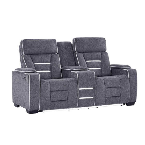 English Elm Austin Power Reclining Loveseat with Speaker System and Welt Stitched Gray Fabric B201P555729