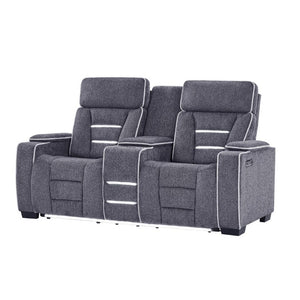 English Elm Austin Power Reclining Loveseat with Speaker System and Welt Stitched Gray Fabric B201P555729