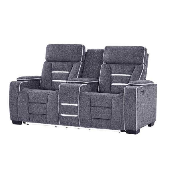 English Elm Austin Power Reclining Loveseat with Speaker System and Welt Stitched Gray Fabric B201P555729
