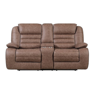 English Elm Lucius Manual Reclining Loveseat with Console Pillow Top Arms Brown Fabric B201P556593