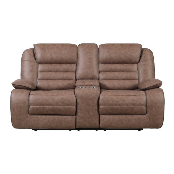 English Elm Lucius Manual Reclining Loveseat with Console Pillow Top Arms Brown Fabric B201P556593