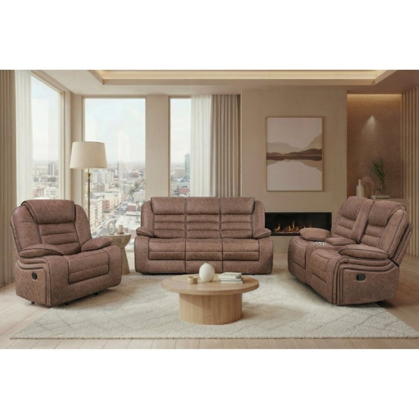 English Elm Lucius Manual Reclining Loveseat with Console Pillow Top Arms Brown Fabric B201P556593