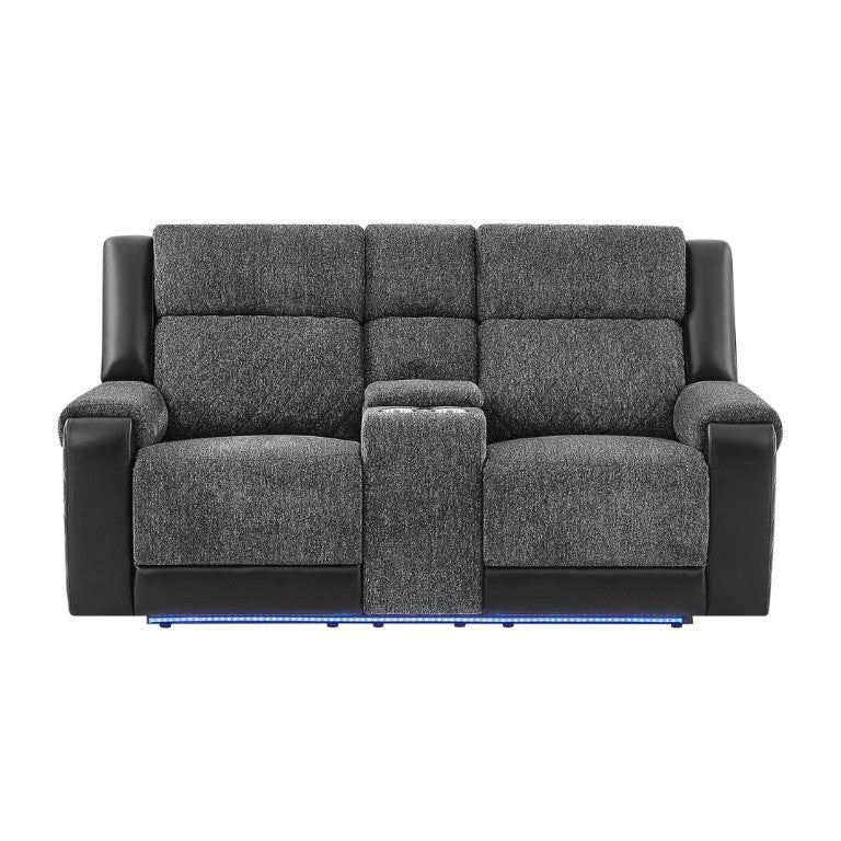 English Elm Alicia Reclining Loveseat with Immersive Sound Blue LED and Two-Tone Fabric Faux Leather B201P556621