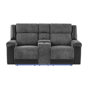 English Elm Alicia Reclining Loveseat with Immersive Sound Blue LED and Two-Tone Fabric Faux Leather B201P556621