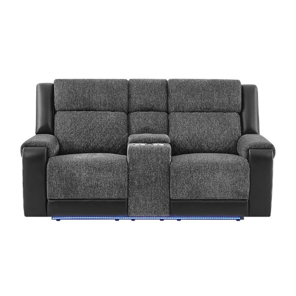 English Elm Alicia Reclining Loveseat with Immersive Sound Blue LED and Two-Tone Fabric Faux Leather B201P556621