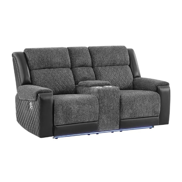 English Elm Alicia Reclining Loveseat with Immersive Sound Blue LED and Two-Tone Fabric Faux Leather B201P556621