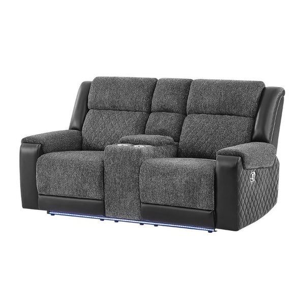 English Elm Alicia Reclining Loveseat with Immersive Sound Blue LED and Two-Tone Fabric Faux Leather B201P556621