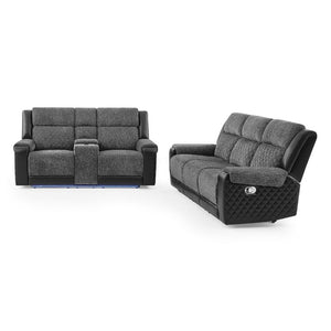English Elm Alicia Reclining Loveseat with Immersive Sound Blue LED and Two-Tone Fabric Faux Leather B201P556621