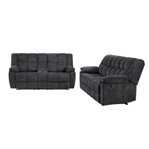 English Elm Liam Manual Reclining Loveseat with Center Console Biscuit Tufted Black Upholstery B201P556626