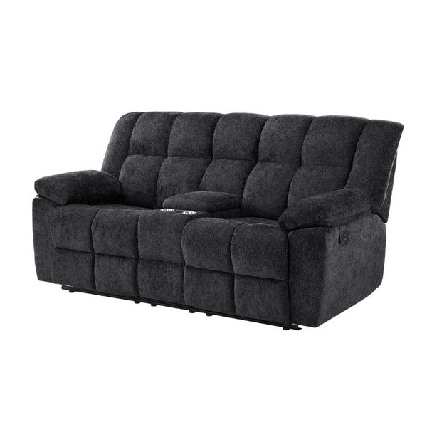 English Elm Liam Manual Reclining Loveseat with Center Console Biscuit Tufted Black Upholstery B201P556626