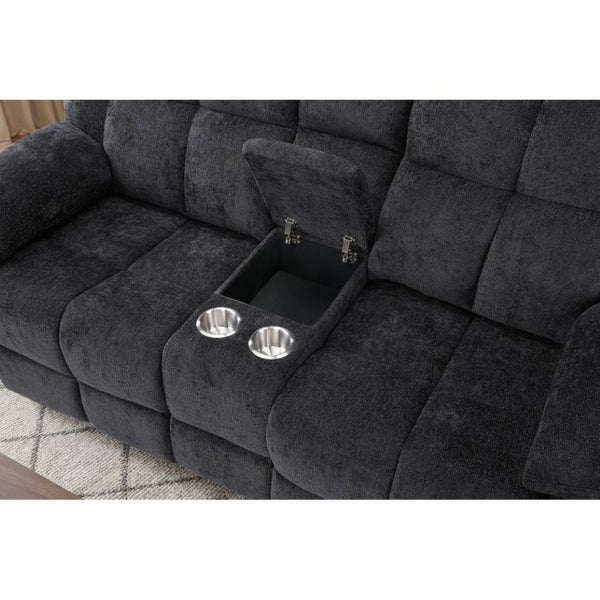 English Elm Liam Manual Reclining Loveseat with Center Console Biscuit Tufted Black Upholstery B201P556626