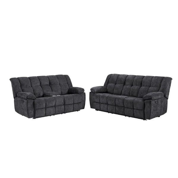 English Elm Liam Manual Reclining Loveseat with Center Console Biscuit Tufted Black Upholstery B201P556626