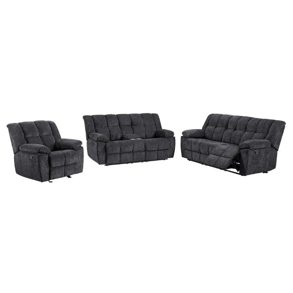 English Elm Liam Manual Reclining Loveseat with Center Console Biscuit Tufted Black Upholstery B201P556626